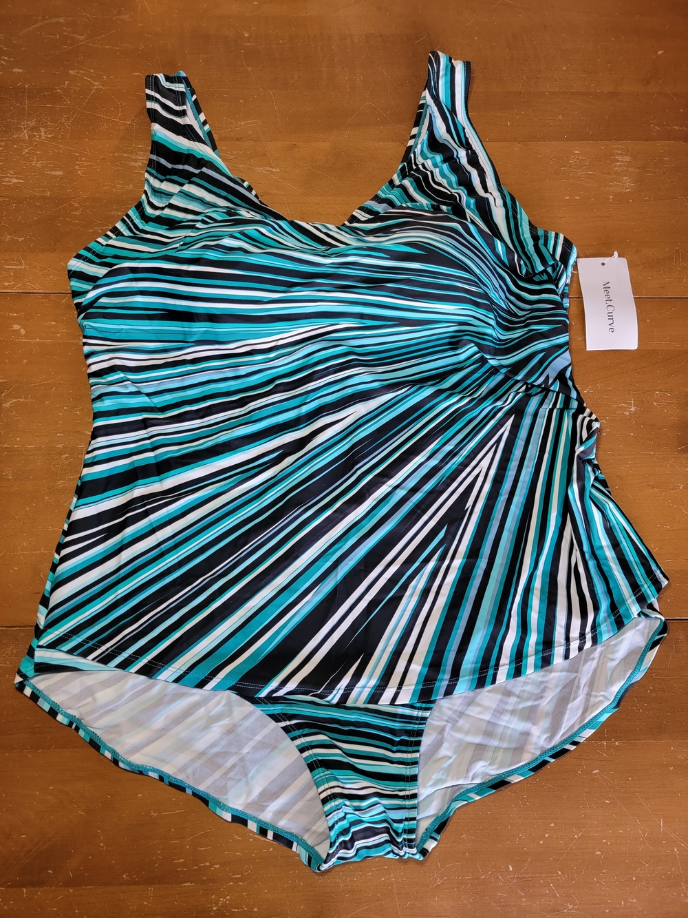V-neck Prism Sarong Front Stylish One Piece Swimsuit Aqua & Black Sixe 3X - Picture 4 of 10
